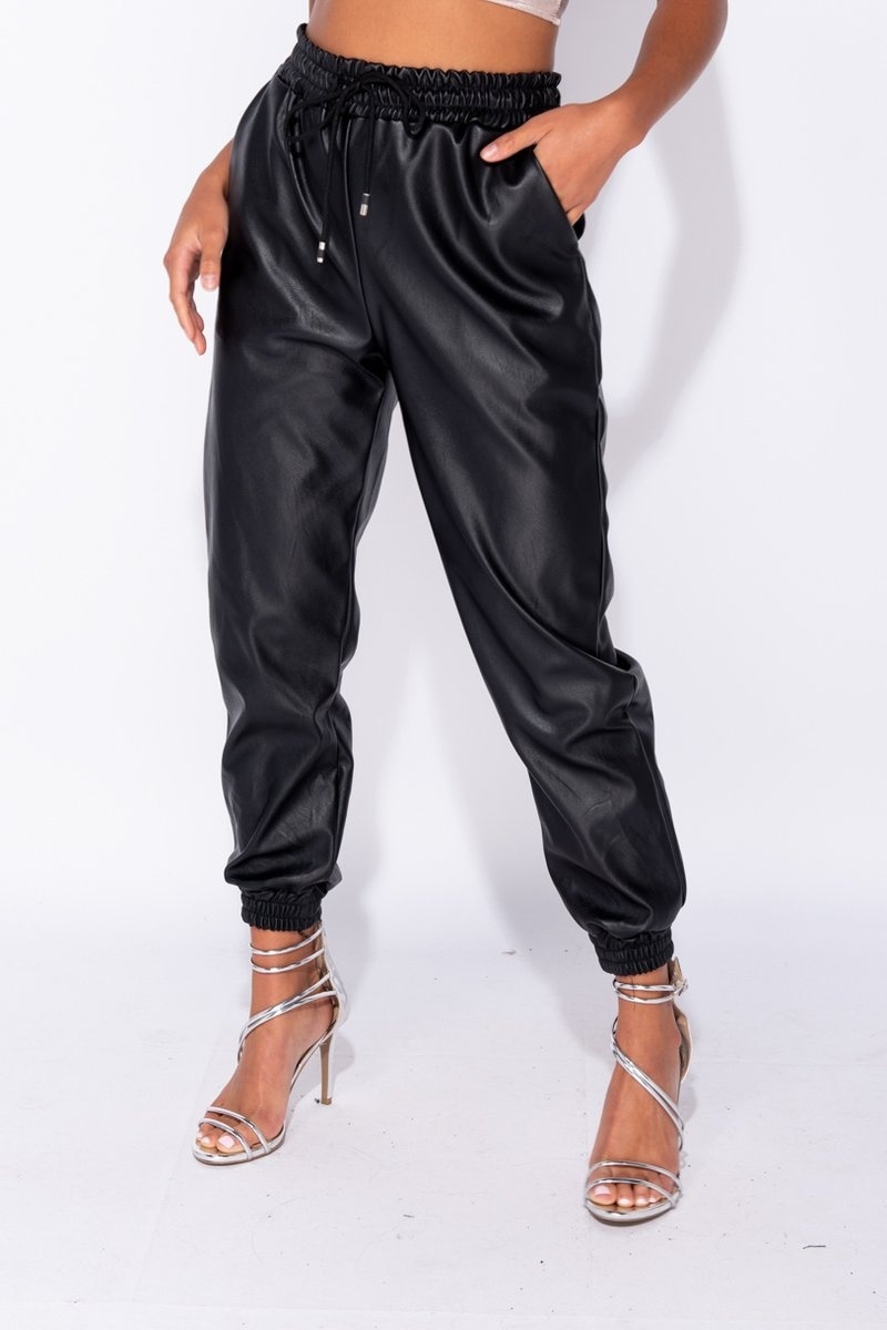 Black PU Elasticated Waistband Hem Jogging Trousers - La Femme Fatale 1