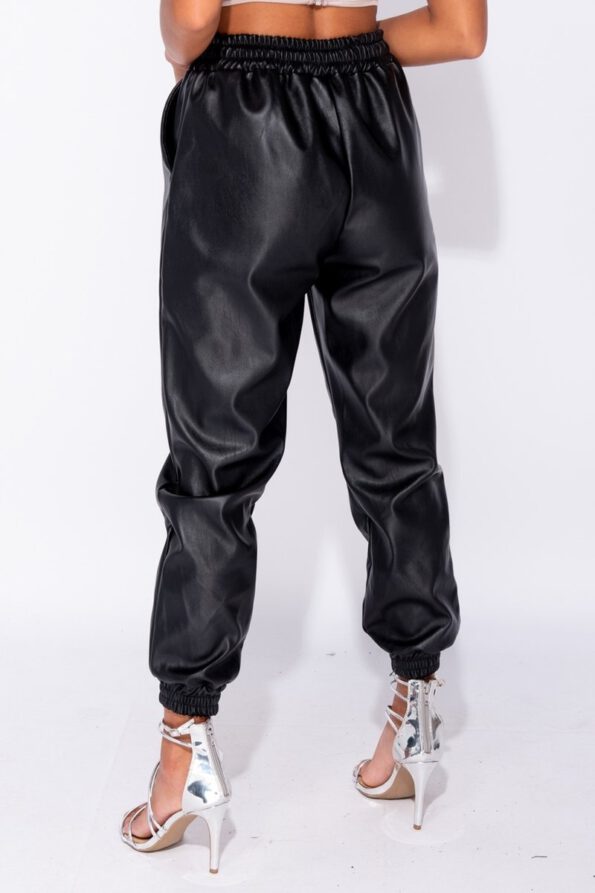 Black PU Elasticated Waistband Hem Jogging Trousers – La Femme Fatale 4