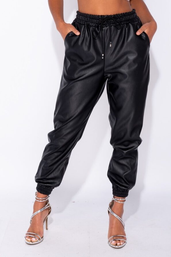 Black PU Elasticated Waistband Hem Jogging Trousers – La Femme Fatale 7