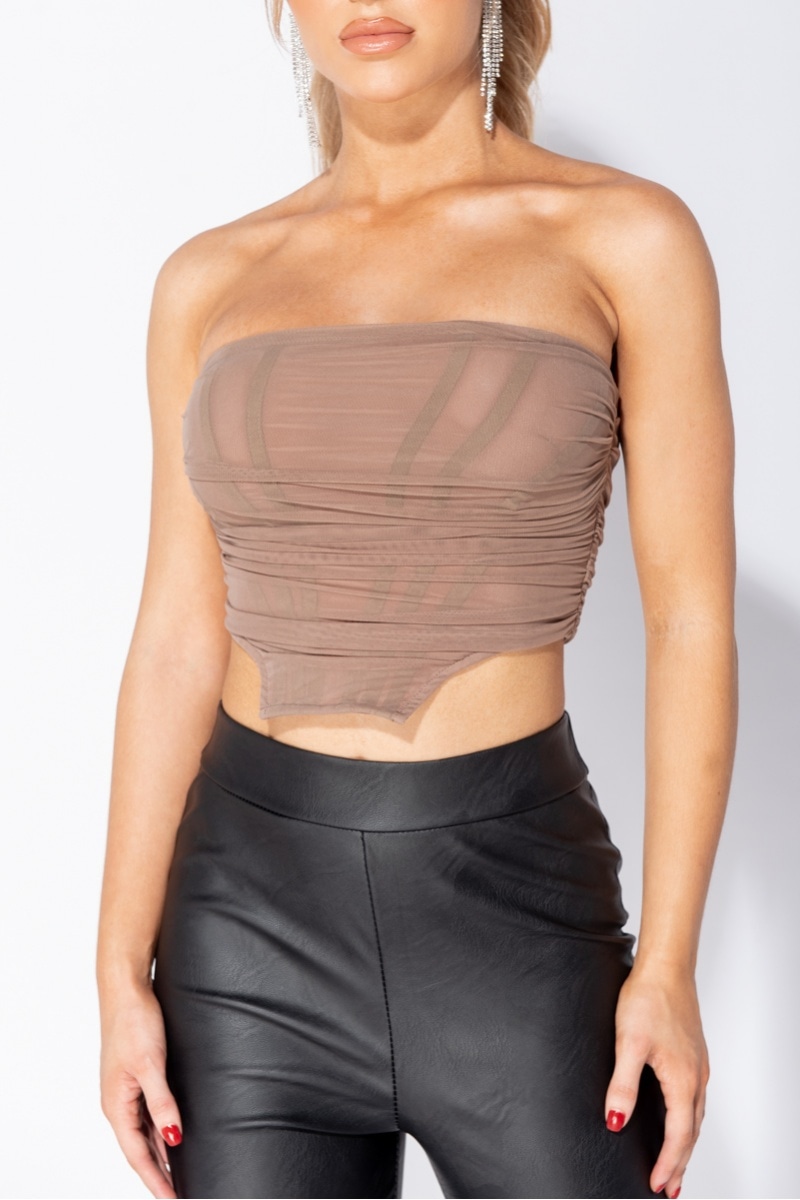 Mocha Mesh Draped Dipped Hem Exposed Zip Bandeau Corset Top - Le Femme Fatale
